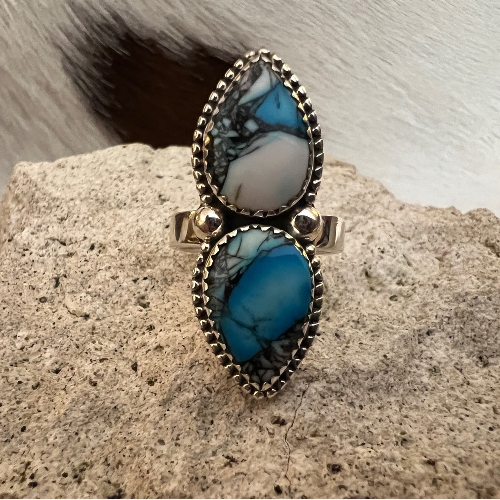 ❤️ Spiderweb Dahlia Kingman Turquoise Sterling 2 Teardrop Ring Navajo Adjustable